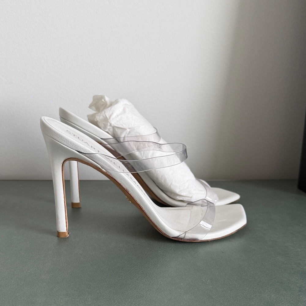 Stuart Weitzman White Clear Strap Heels
